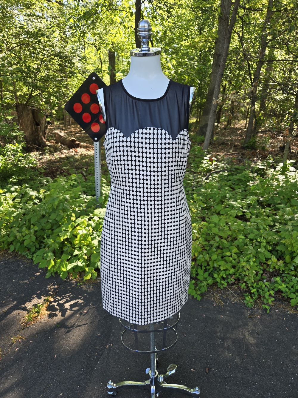 MICHAEL Michael Kors Black and White Polka Dot Sheath Dress with Mesh Yoke